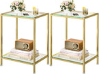 DAOUTIME Side Tables Set of 2, End Tables with Tempered Glass & Metal Frame, Small Nightstands with Storage Shelves, 2-Tier Gold Coffee Table with Modern Style, Slim Sofa Table for Living Room,Bedroom