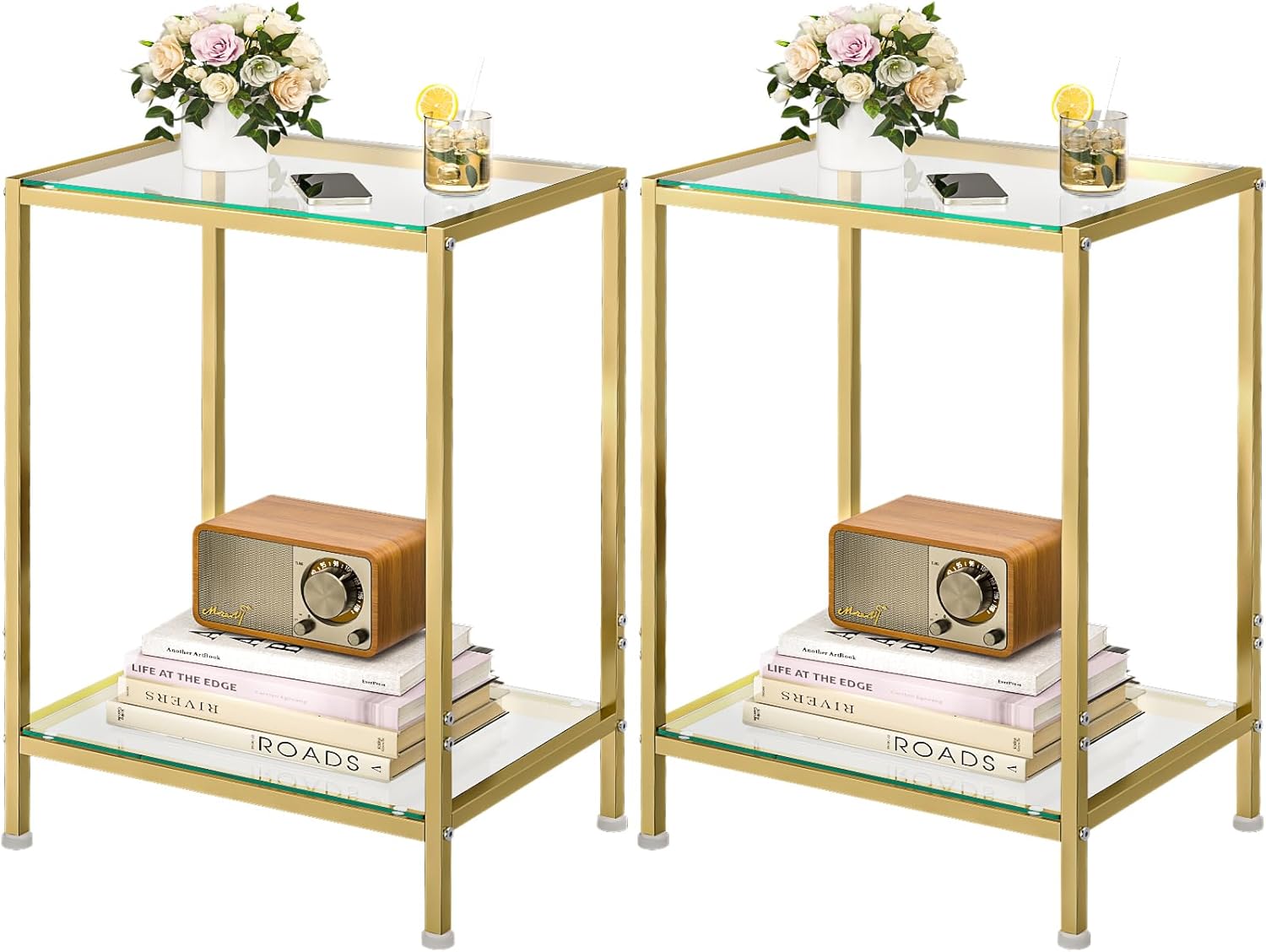 DAOUTIME Side Tables Set of 2, End Tables with Tempered Glass & Metal Frame, Small Nightstands with Storage Shelves, 2-Tier Gold Coffee Table with Modern Style, Slim Sofa Table for Living Room,Bedroom