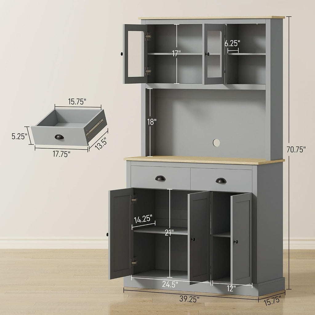 71-inch Modern freestanding Pantry Cabinet, Four Adjustable Shelves at Three Heights, Wide Counter Cable Hole, Gray Yellow Oak