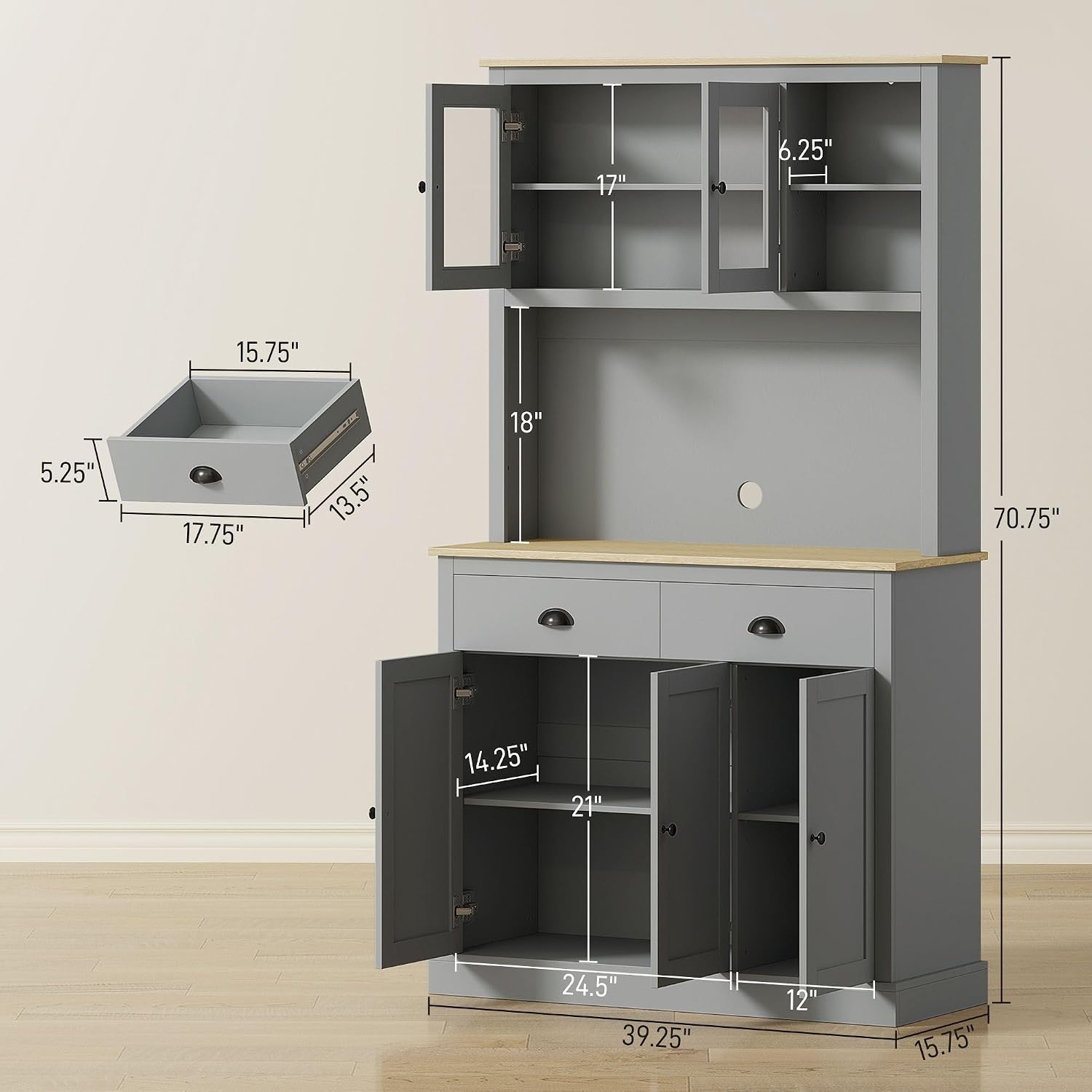 Pantry Cabinet 71-inch freestanding, Four Adjustable Shelves at Three Positions, Wide countertop Cable Hole, Gray and Yellow Oak Design