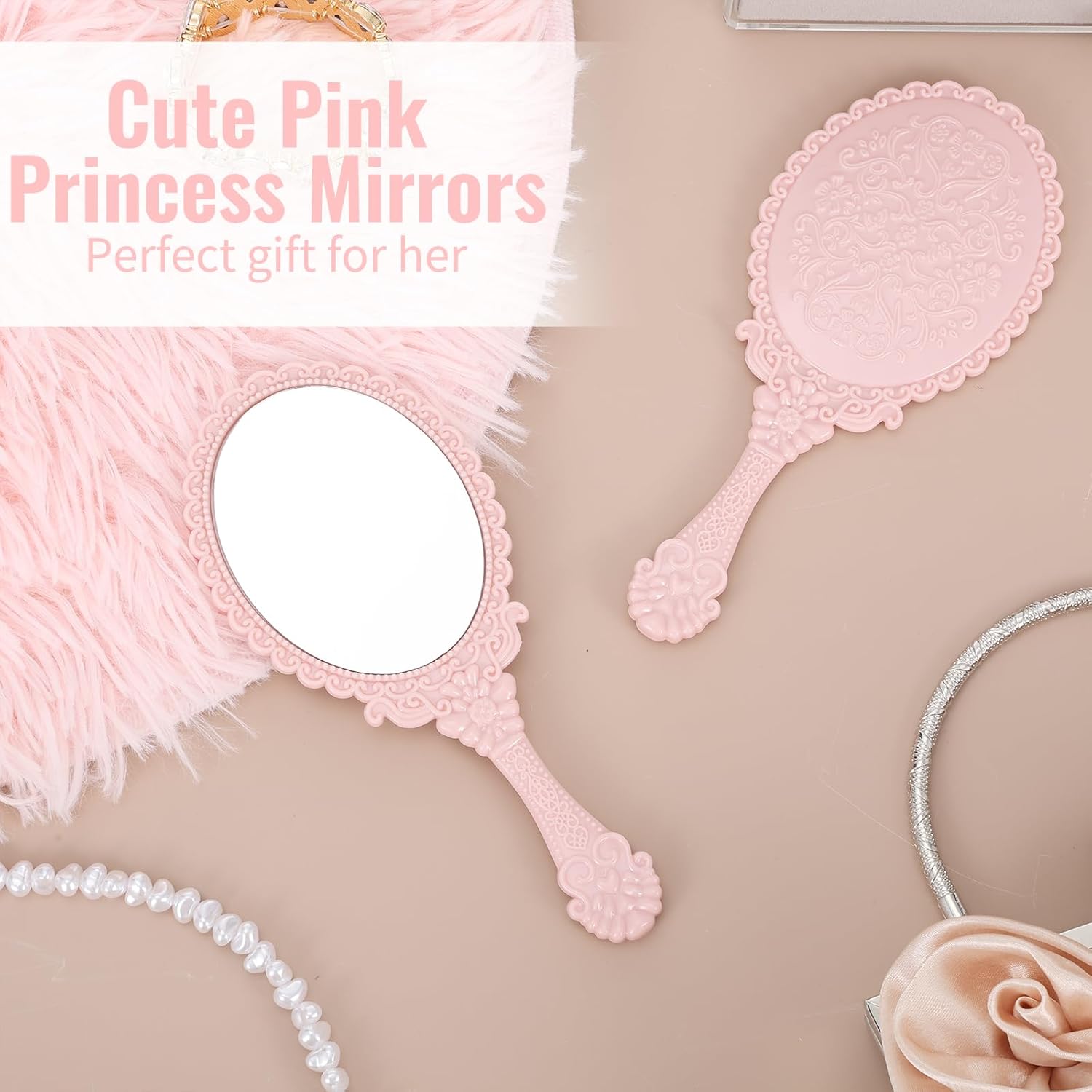 24 Pack Vintage Handheld Mirrors for Makeup, Pink Embossed Floral Portable Princess Mirror with Handle, Decorative Travel Cosmetic Purse Mirror for Women, Party Favors, Classroom