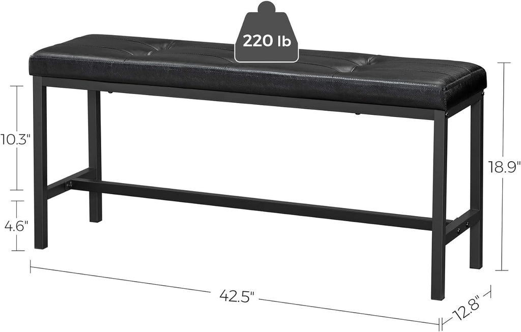 VASAGLE Dining Table Bench, Ottoman Bench with PU Leather Padded Seat, Steel Frame, 42.5 x 12.8 x 18.9 Inches, for Dining Room, Living Room, Hallway, Bedroom, Black UKTB034B81