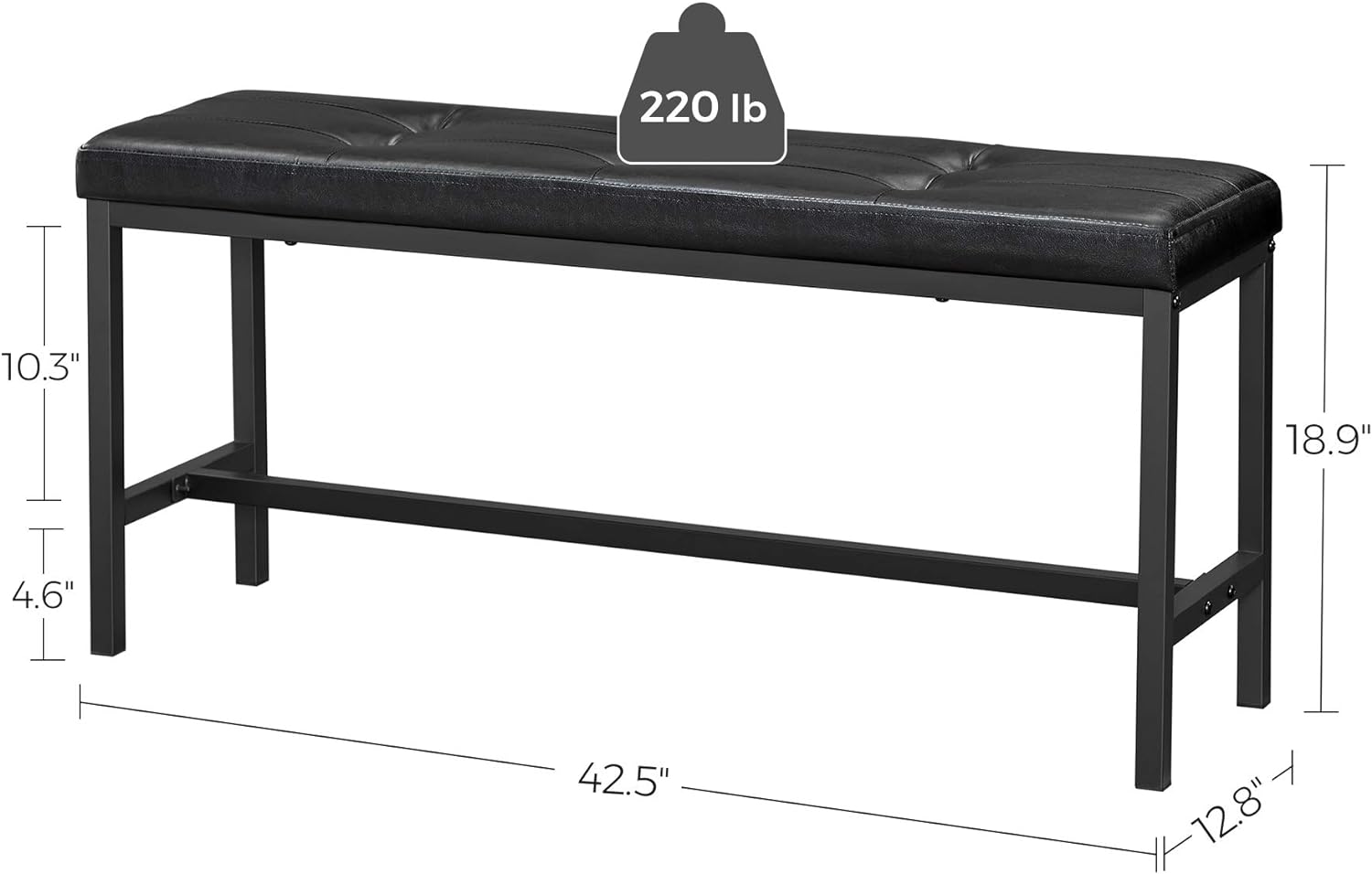 VASAGLE Dining Table Bench, Ottoman Bench with PU Leather Padded Seat, Steel Frame, 42.5 x 12.8 x 18.9 Inches, for Dining Room, Living Room, Hallway, Bedroom, Black UKTB034B81