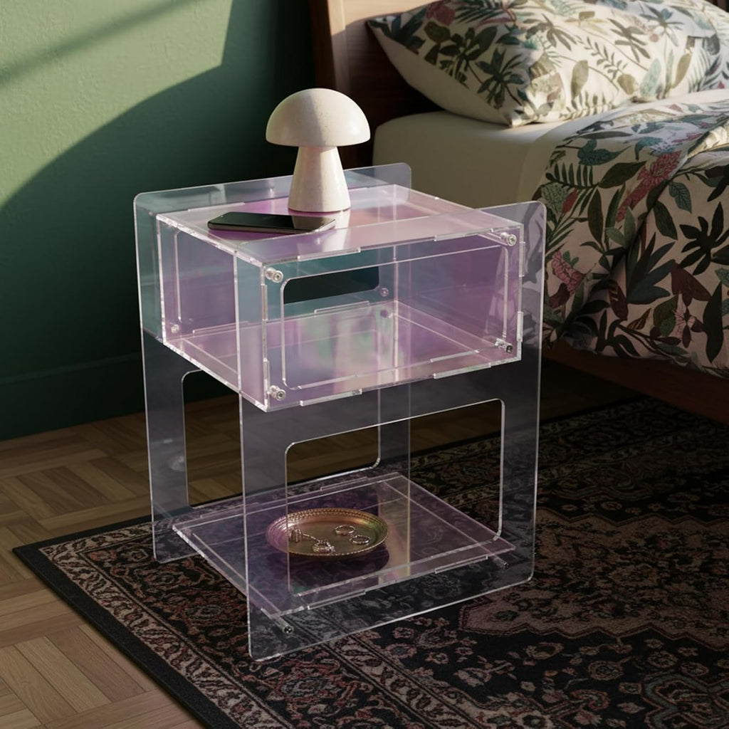 Acrylic Side Table Cabinet, End Table Record Player Table with Storage Shelf, Clear Side Table Nightstand for Living Rooms Bedrooms Offices, Etc (Colorful)