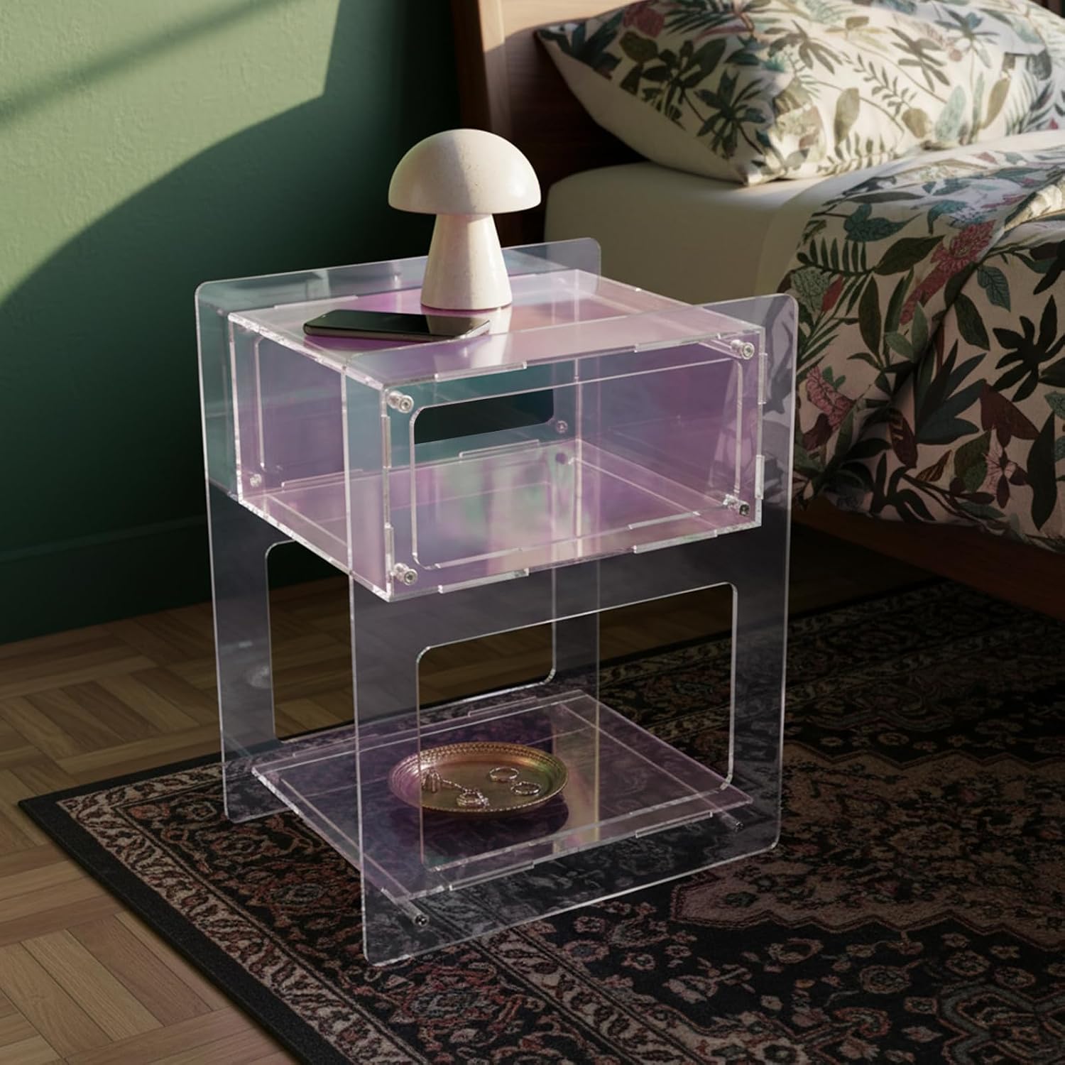 Acrylic Side Table Cabinet, End Table Record Player Table with Storage Shelf, Clear Side Table Nightstand for Living Rooms Bedrooms Offices, Etc (Colorful)