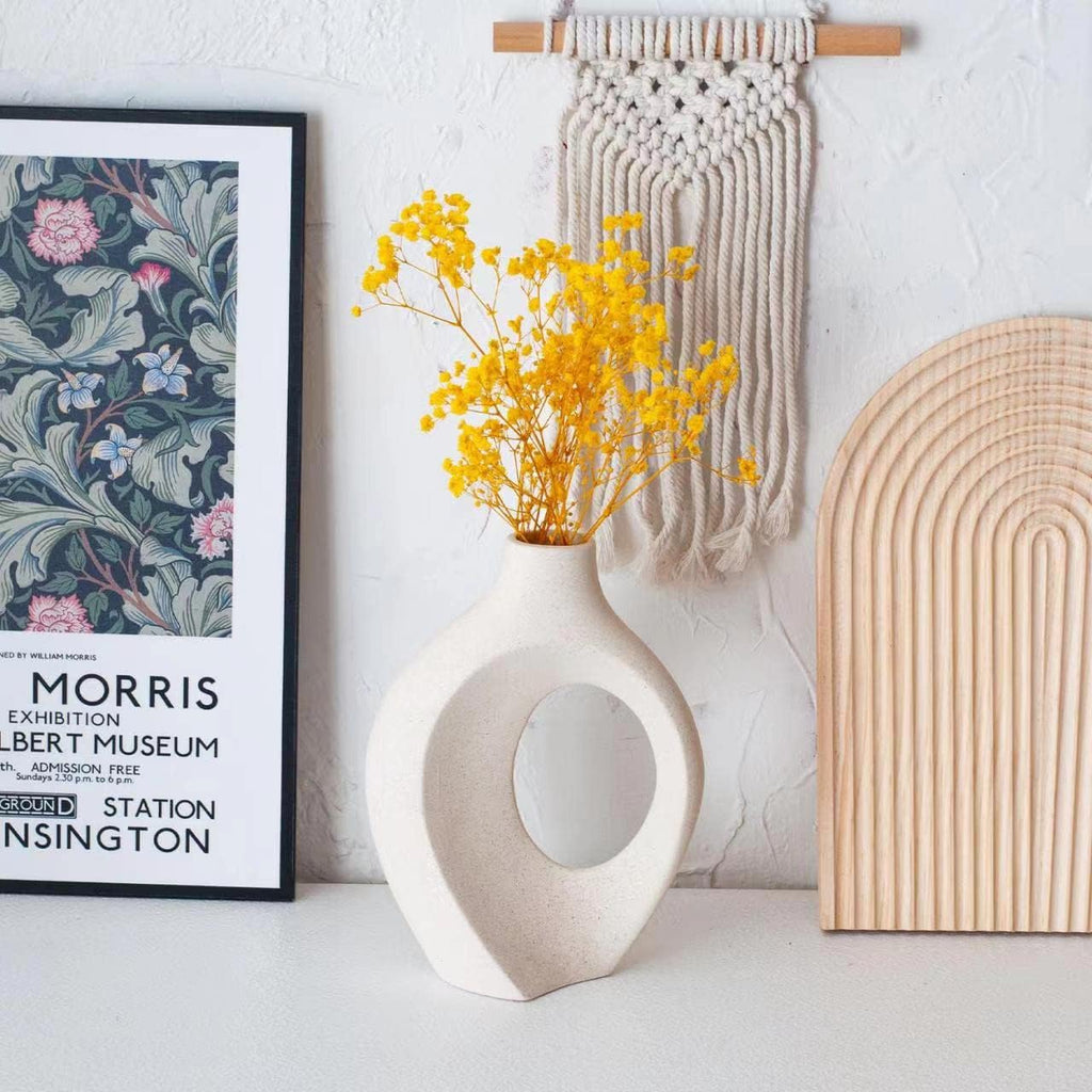 Liotww Ceramic Vases for Home Decor Set of 2, Off White Boho Small Flower Vase, Minimalist Decorative Modern Donut Vase for Living Dining Room Office Entryway Book Shelf Coffee Console Table Décor