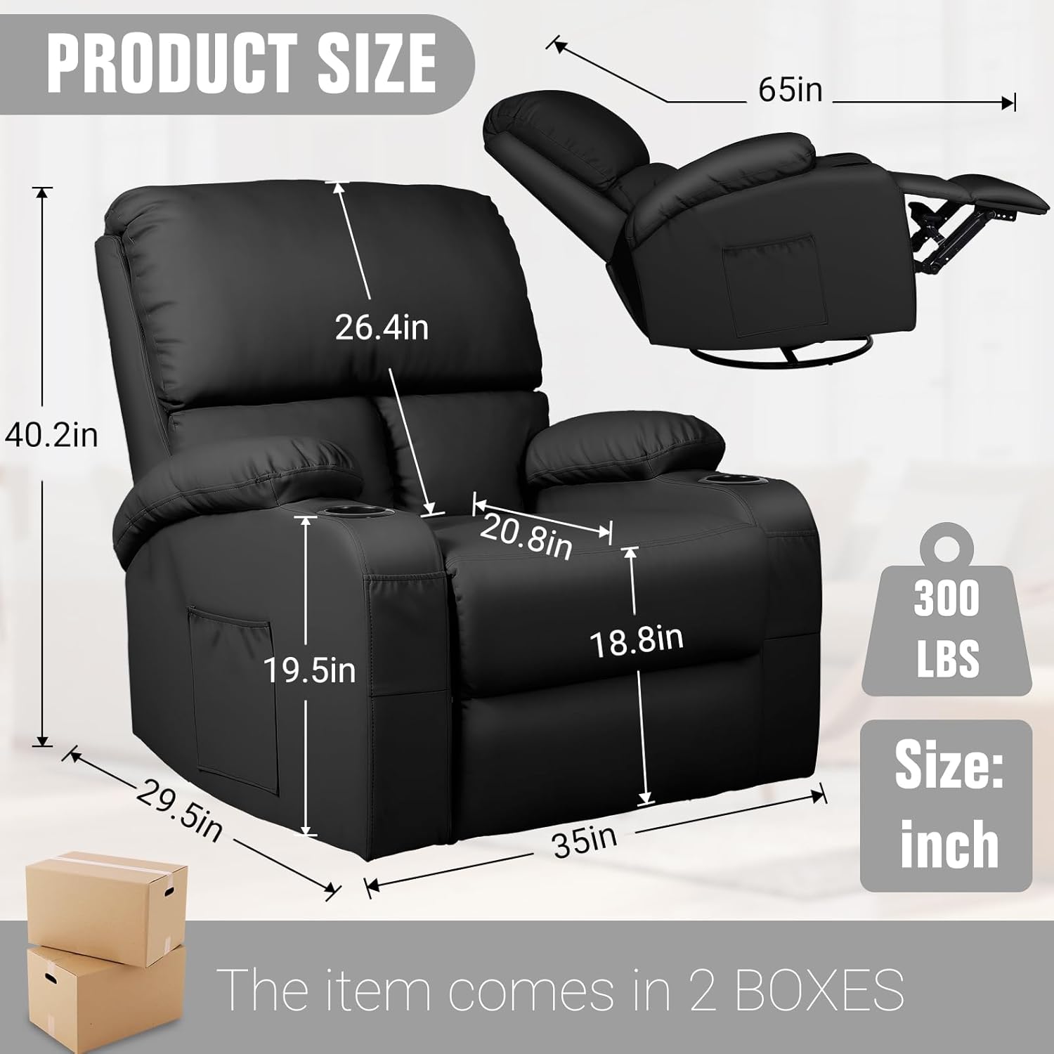 LAFWELL 360 Swivel Rocking Recliner Chair with Vibration Massage and Heat for Living Room, Bedroom, Nursery, RV, Faux Leather, Black