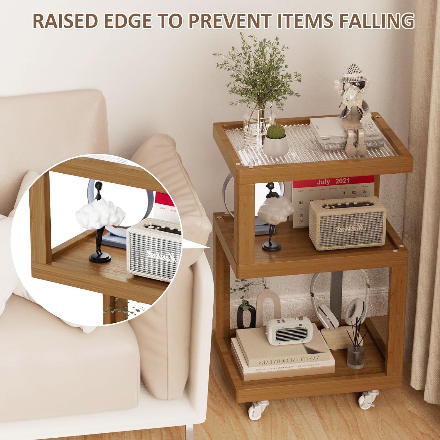 3-Tier Side Table - Walnut Geometric Design with Glass Top & Wheels, Sofa & Bedside Table for Small Spaces, Living Room & Bedroom Modern Minimalist