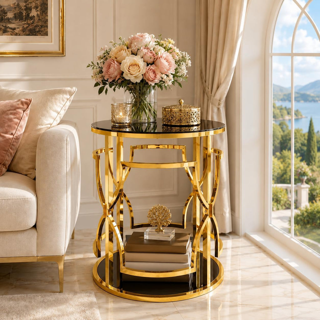 Merax 19.7" Round Gold Metal Side Table with Tempered Glass Top & 2-Tier Storage Shelf, Modern Coffee Table Glam End Table for Living Room, Bedroom, Sofa Side, Small Space, Black
