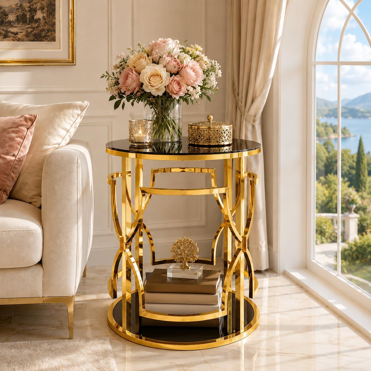 Merax 19.7" Round Gold Metal Side Table with Tempered Glass Top & 2-Tier Storage Shelf, Modern Coffee Table Glam End Table for Living Room, Bedroom, Sofa Side, Small Space, Black