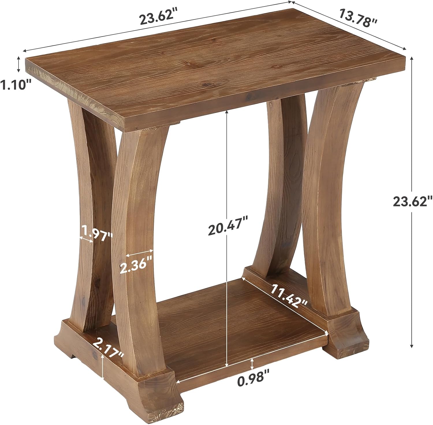 LITTLE TREE Solid Wood End Table, Narrow Side Table with Lower Storage Shelf, Rustic Accent Sofa Side Table for Living Room, Bedroom, Small Space