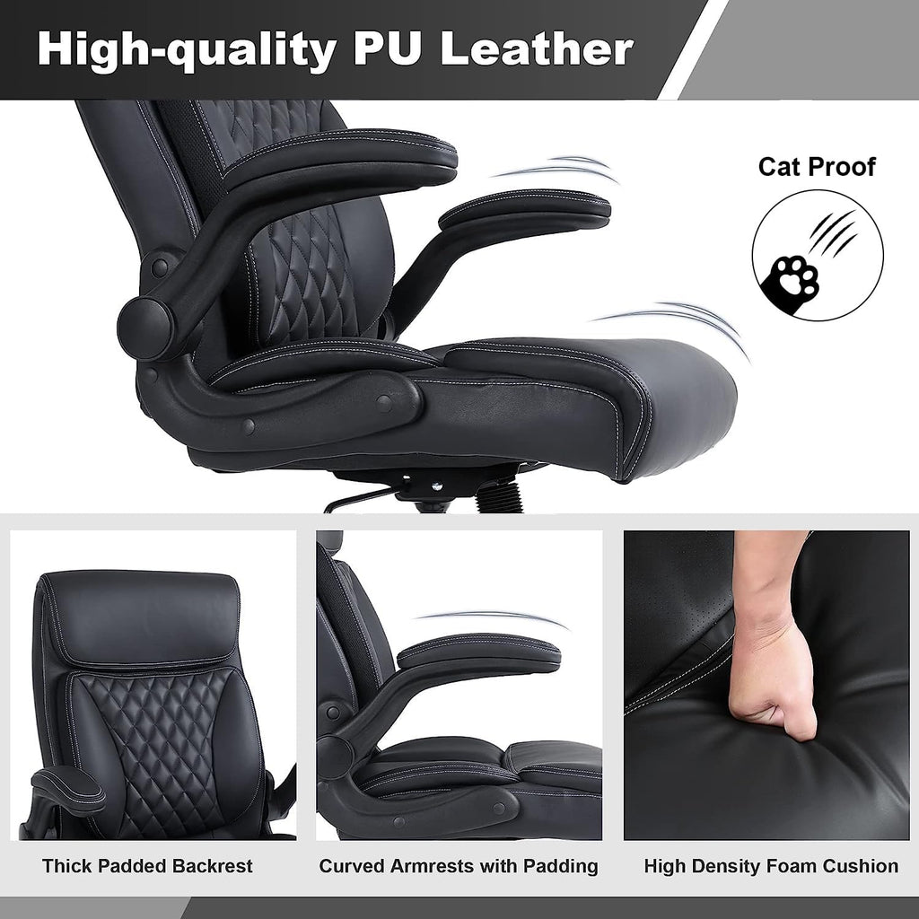 Youhauchair Executive Office Chair, Ergonomic PU Leather Computer Desk Chair with Lumbar Support, Flip-up Armrests and Adjustable Height, for Home Office, Black
