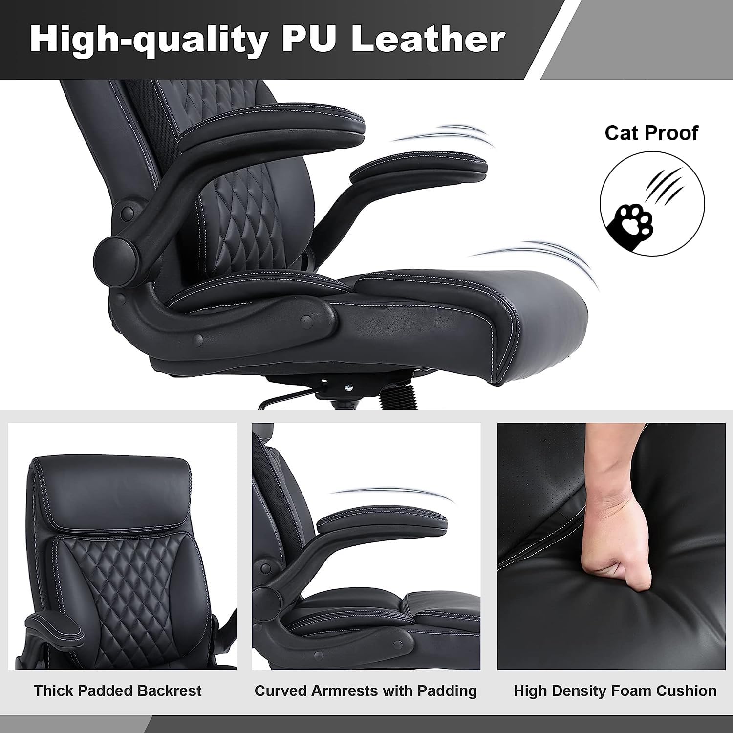 Youhauchair Executive Office Chair, Ergonomic PU Leather Computer Desk Chair with Lumbar Support, Flip-up Armrests and Adjustable Height, for Home Office, Black