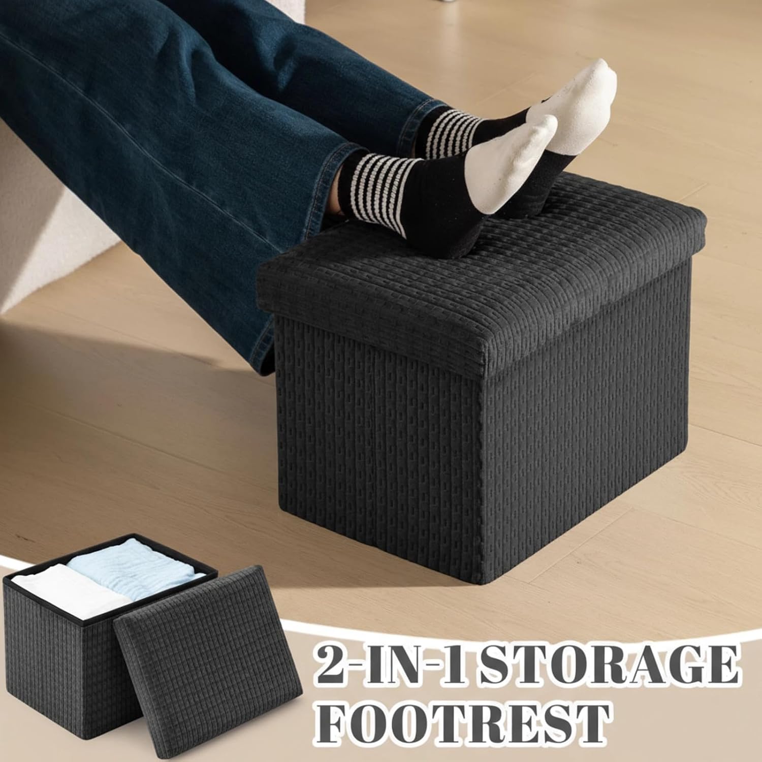 Thyle Storage Ottoman with Lid, Foldable Foot Rest Stool with Hidden Storage, Corduroy Ottoman for Living Room Bedroom Dorm Under Desk, 16x12x12 Inch(Grey)