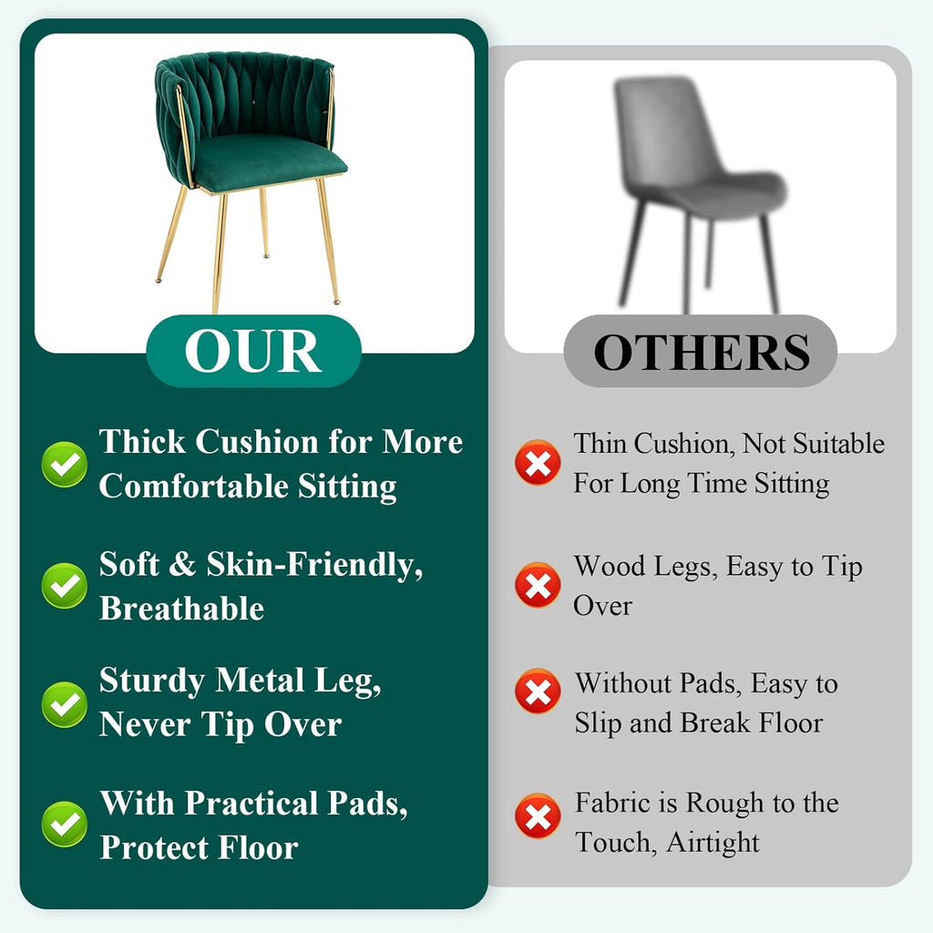 NIOIIKIT Modern Velvet Dining Chairs Hand Weaving Accent Chairs Living Room Chairs Upholstered Side Chair with Golden Metal Legs for Dining Room Kitchen Vanity Living Room (Emerlad)