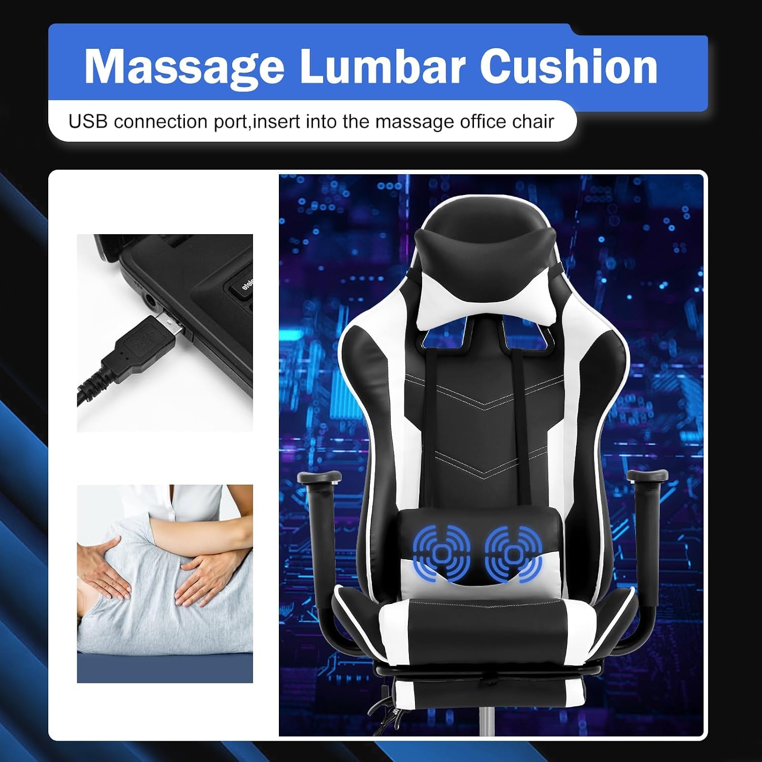 PC Gaming Chair Ergonomic Racing Office Chair Video Game Chair, Massage Function Lumbar Support with Arms Footrest & Headrest Nice Chic Desk Chair, Adjustable Home Office Chair - White