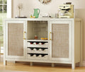 Rattan Wine Bar Cabinet, Boho Rattan Home Bar with Glass Holder and Drawer Style Racks, Oak Sideboard Buffet Storage Cabinet for Living Dining Room Kitchen (White Oak)