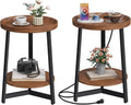 2-Tier Round End Table with Charging Station and Industrial Sofa Side Table,Raised Tabletop with Triangular Metal Frame for Small Spaces, Living Room, Bedroom,Cherry