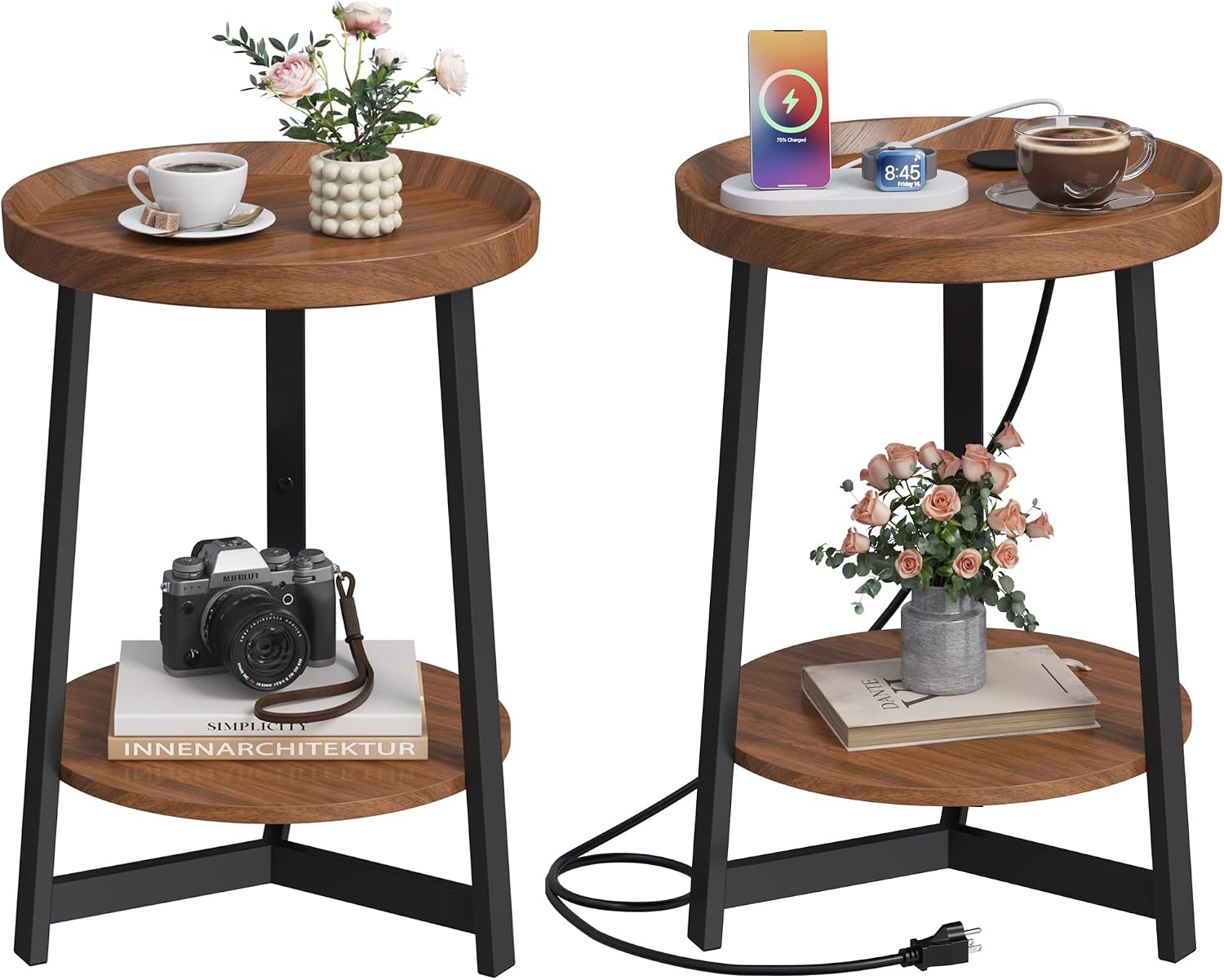 2-Tier Round End Table with Charging Station and Industrial Sofa Side Table,Raised Tabletop with Triangular Metal Frame for Small Spaces, Living Room, Bedroom,Cherry