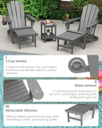 GREENVINES Adjustable Adirondack Chair with Retractable Ottoman Set of 2 | Folding | HDPE Plastic | Fire Pit Chairs w/Foot Rest | 2 Cup Holders | Grey | for Outdoor Patio Poolside Deck
