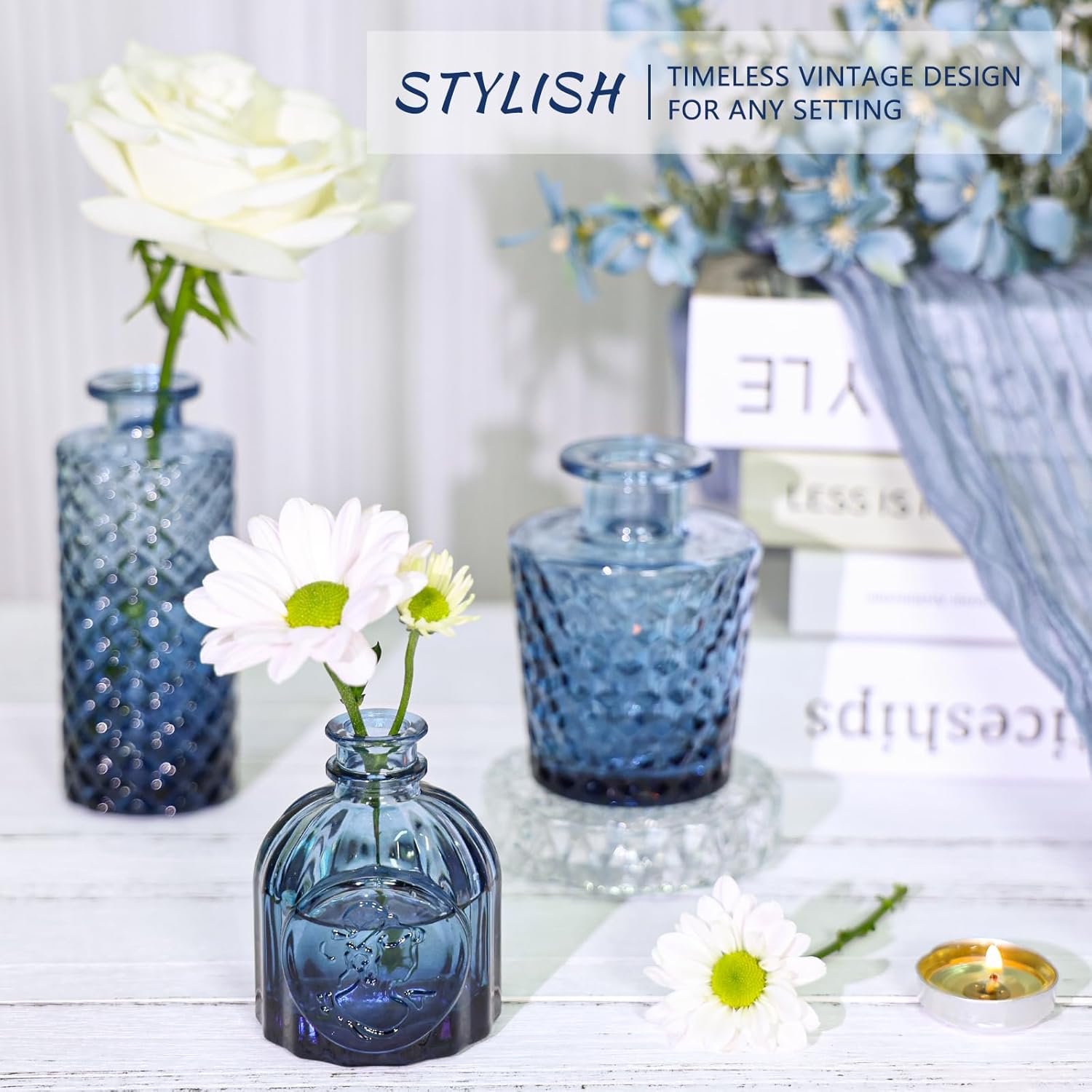 SUPMIND Glass Bud Vase Set of 12, Small Blue Flower Vases for Centerpieces in Bulk, Mini Vintage Vase for Wedding, Home,Table Decoration