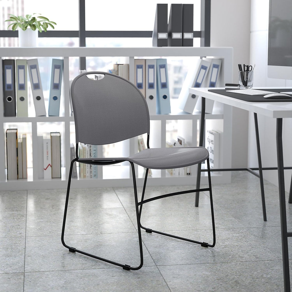 Flash Furniture 5 Pack HERCULES Series 880 lb. Capacity Gray Ultra-Compact Stack Chair with Black Powder Coated Frame