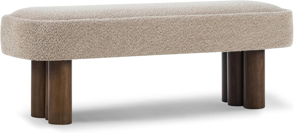Christopher Knight Home Damas Boucle Upholstered Dining Bench, Wooden Entryway Bench, Long Sofa Footstool for Living Room, Bedroom End of Bed Bench, Khaki+Walnut