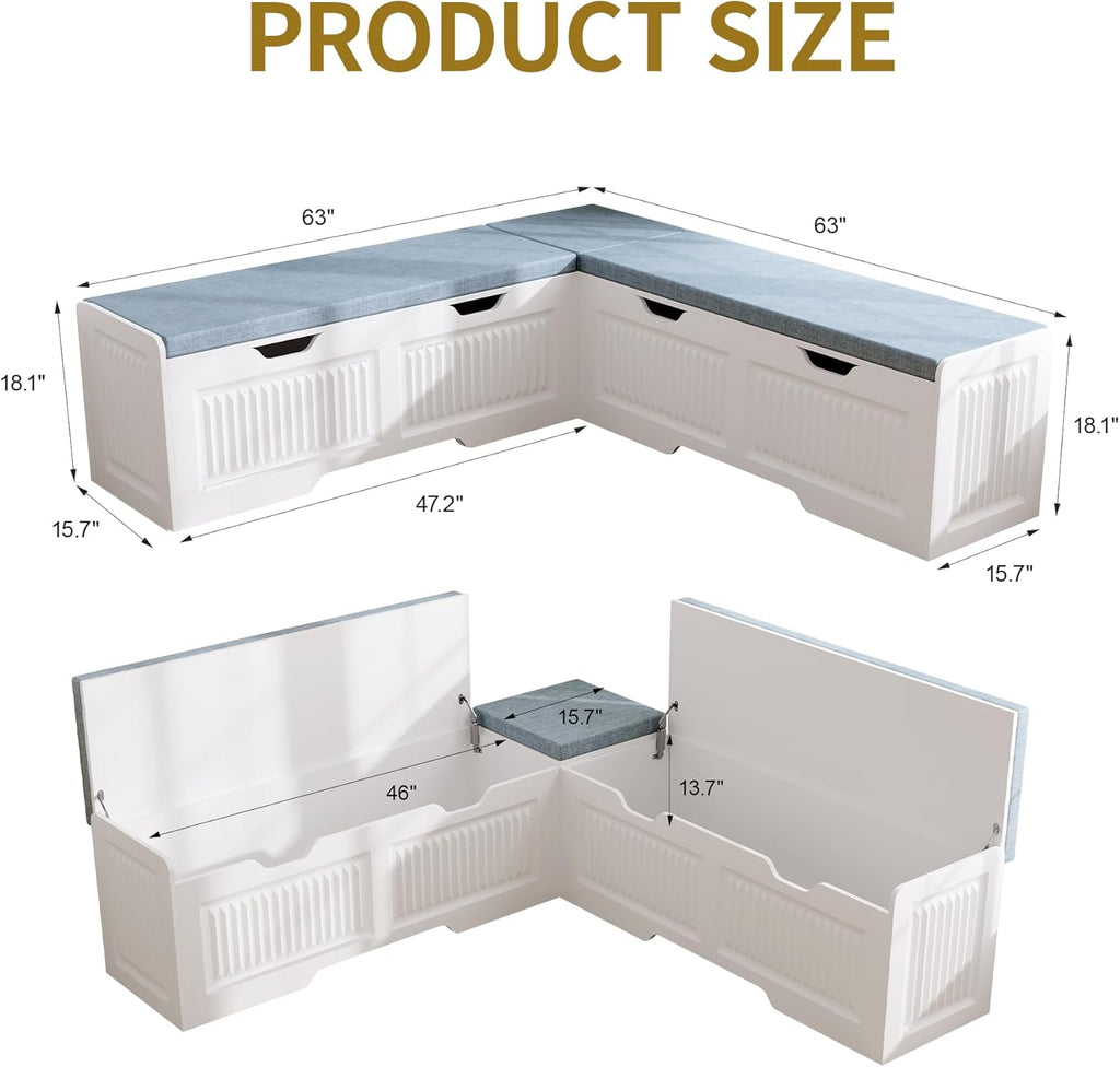 63" L-Shaped Breakfast Corner Storage Bench,Modern Banquette Seating with Cushioned Bench and Hidden Storage,Suitable for Dining Room,Kitchen Breakfast Nooks,and Corner Entryway. (White-01)