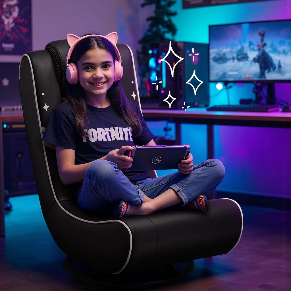 GTPLAYER Floor Gaming Chair Foldable Swivel Floor Chairs for Kids Boys Comfy Video Game Seat with 360° Multipurpose for Gamers, Bedroom or Game Room(Black-Gold)