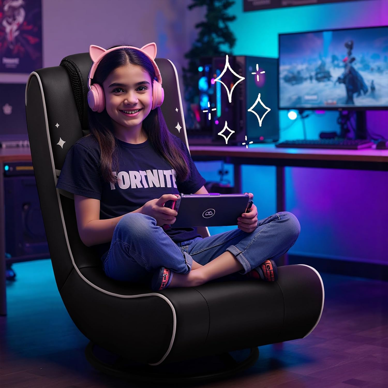 GTPLAYER Floor Gaming Chair Foldable Swivel Floor Chairs for Kids Boys Comfy Video Game Seat with 360° Multipurpose for Gamers, Bedroom or Game Room(Black-Gold)