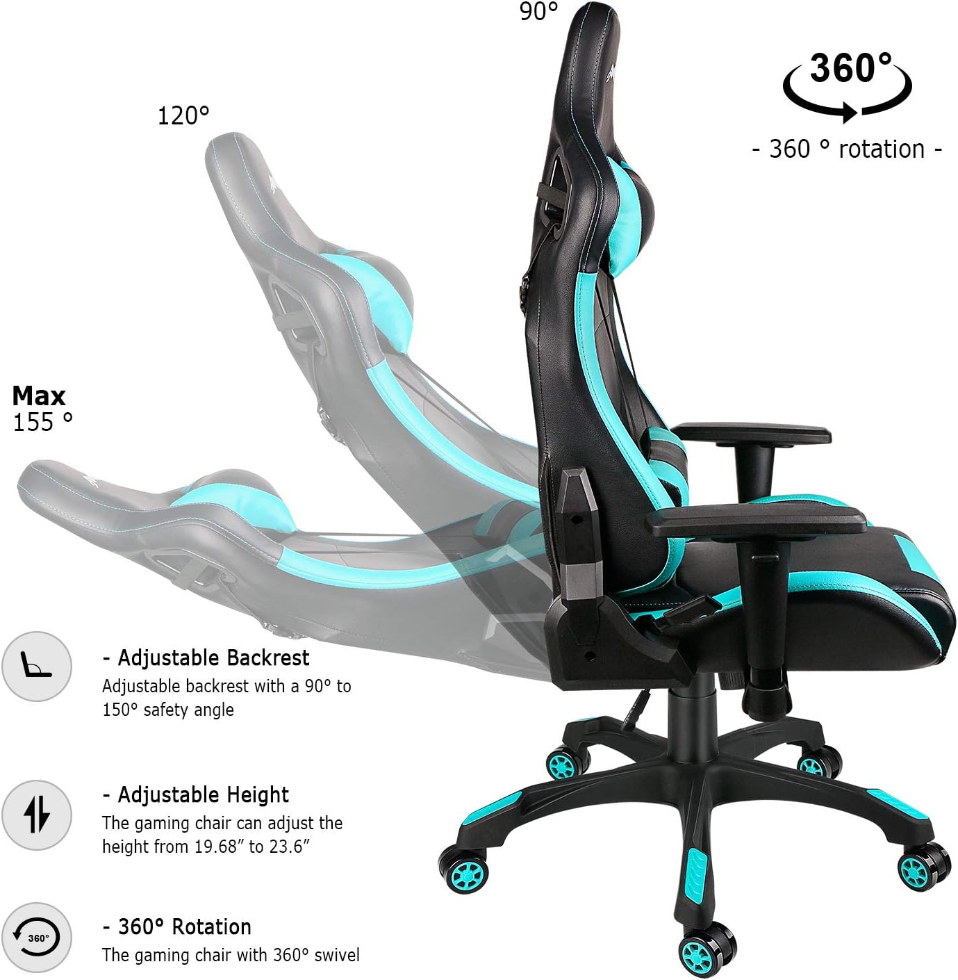 Leopard Gaming Chair, High Back PU Leather Office Chair, Adjustable Video Gaming Chairs, Swivel Racing Chair with Adjustable Armrest (Black/Light Blue)