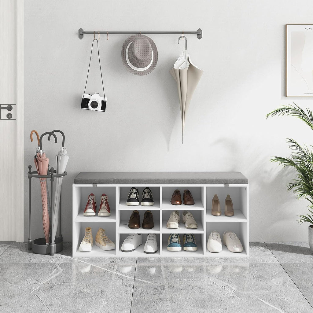 41" Shoe Storage Bench with Cushion, Entryway Shoe Rack with 10 Cubbies, Multifunctional Shoe Organizer Bench for Hallway, Bedroom, Living Room, White