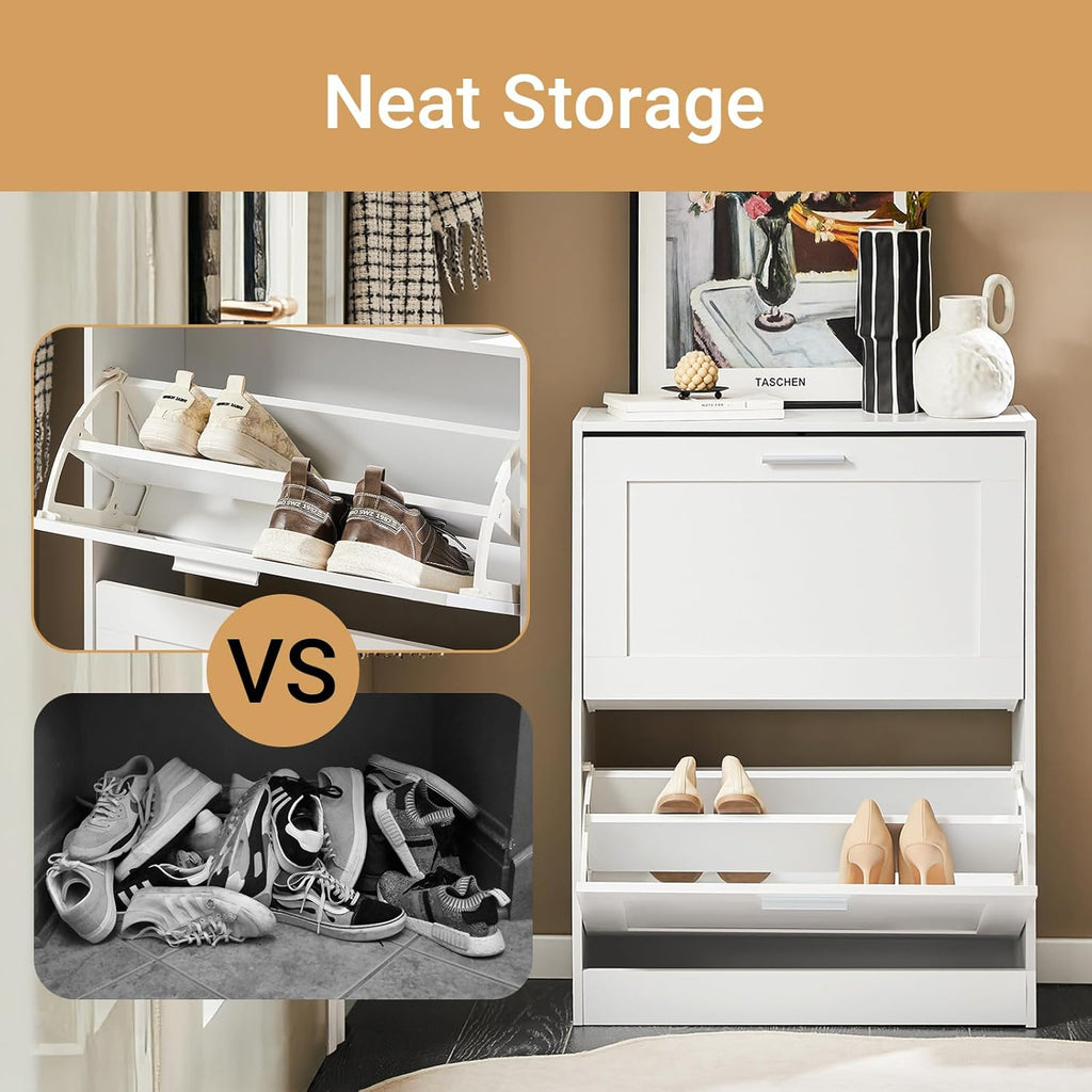 Hestiamo Shoe Cabinet for Entryway, 2-Tier Flip Drawer Shoe Storage Cabinet with Dividers, Shoe Organizer for Small Spaces, Narrow Shoe Rack, Slim Shoe Rack Freestanding, White, HUS-FSR137