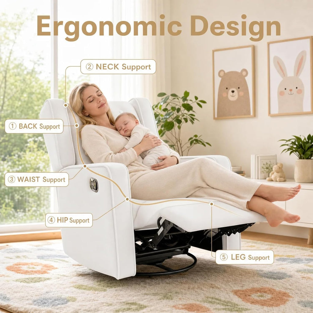 SweetGO Nursery Glider Recliner Chair, 360° Swivel Rocker Recliner with Manual Recline & Footrest, Upholstered Microfiber Nursery Chair for Nursing, Reading, Living Room & Bedroom