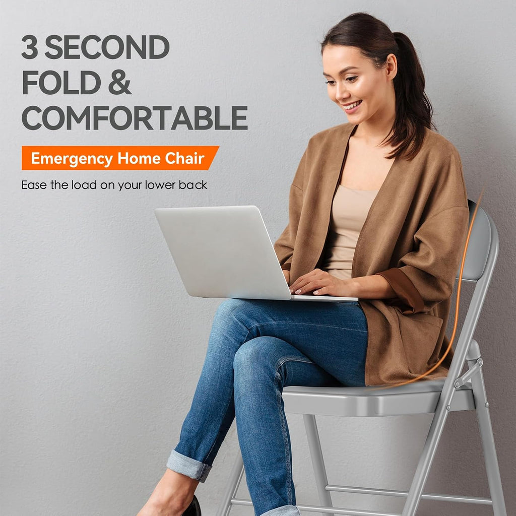 SKONYON Padded Folding Chairs Set of 6, 450LBS, PU Cushion, Gray | 6 pack gray folding chairs with cushioned seat & back, heavy duty steel frame, for party, dining & bulk event seating