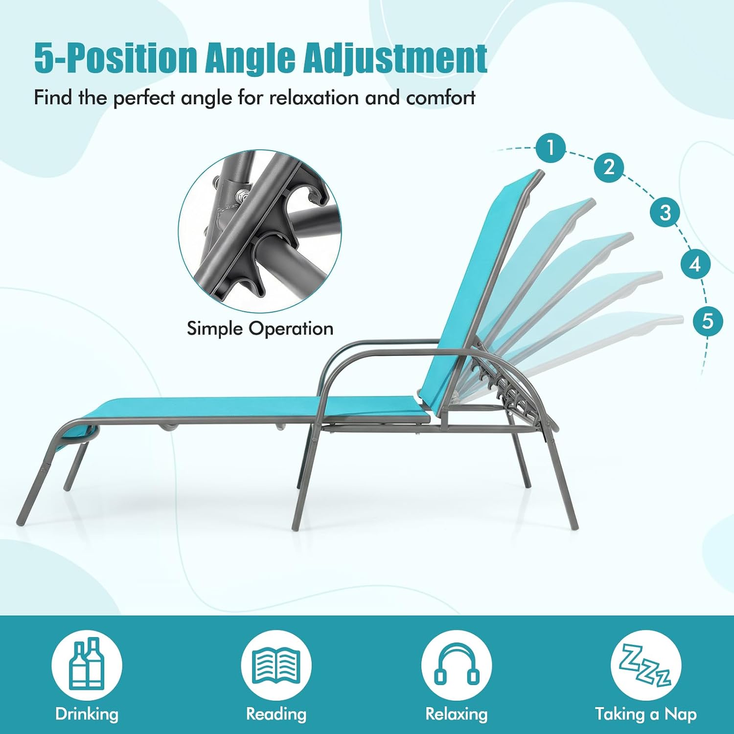 Tangkula Outdoor Lounge Chairs Set of 2, Patio Chaise Lounge with Adjustable Backrest, Reclining Pool Lounge Chairs for Outside with Heavy Duty Steel Frame for Beach, Yard, Balcony, Poolside