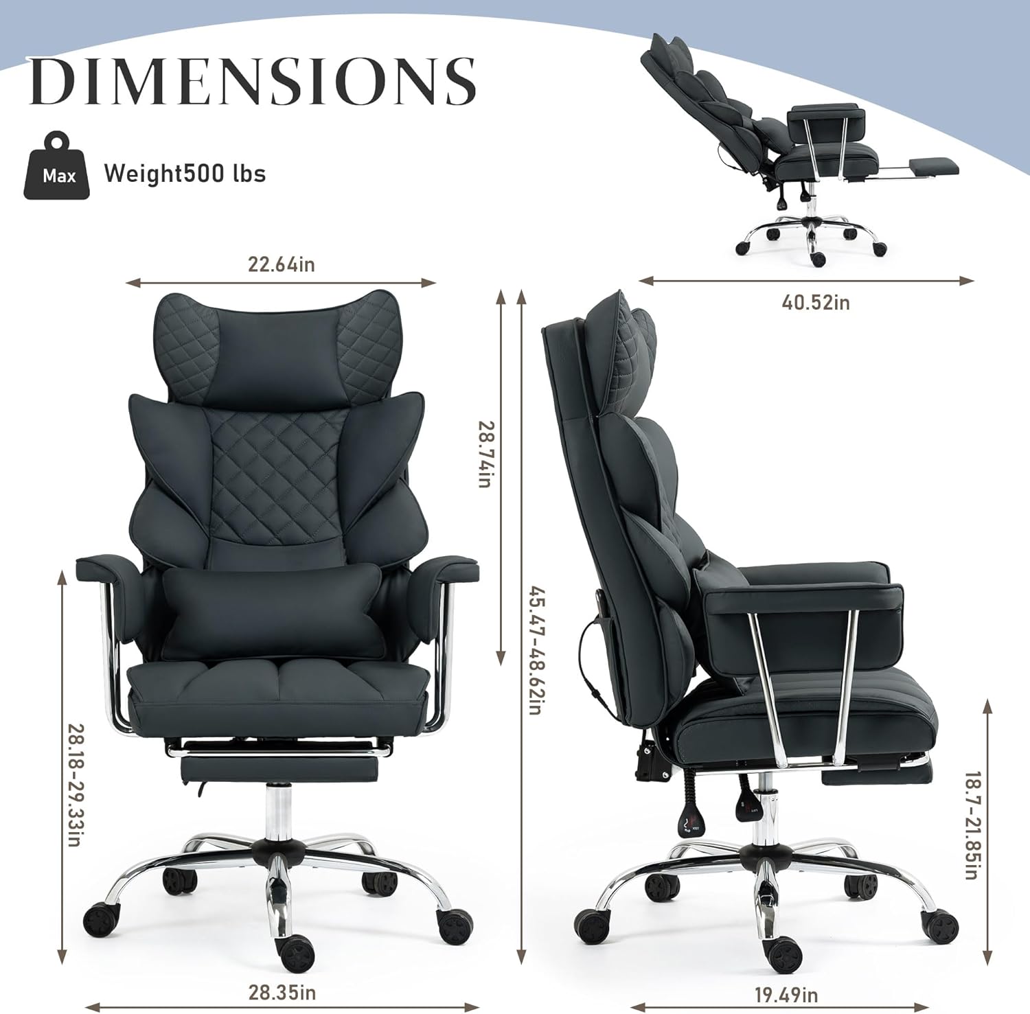 DYHOME 500 Lbs Kneading Massage Office Chair with Foot Rest, Ergonomic Reclining Home Computer Chair, High Back Thick Cushion Big & Tall Office Chair, Comfy Leather Heavy Duty Executive Chair, Black