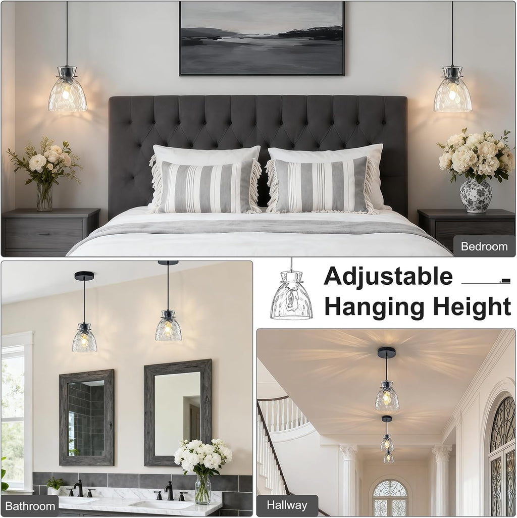 5.9” Mini Hammered Glass Black Pendant Lights Kitchen Island 2 Pack, Small Farmhouse Pendant Light Fixtures, Adjustable Modern Hanging Lighting Kitchen Pendant Lights over Island Sink Dining Room