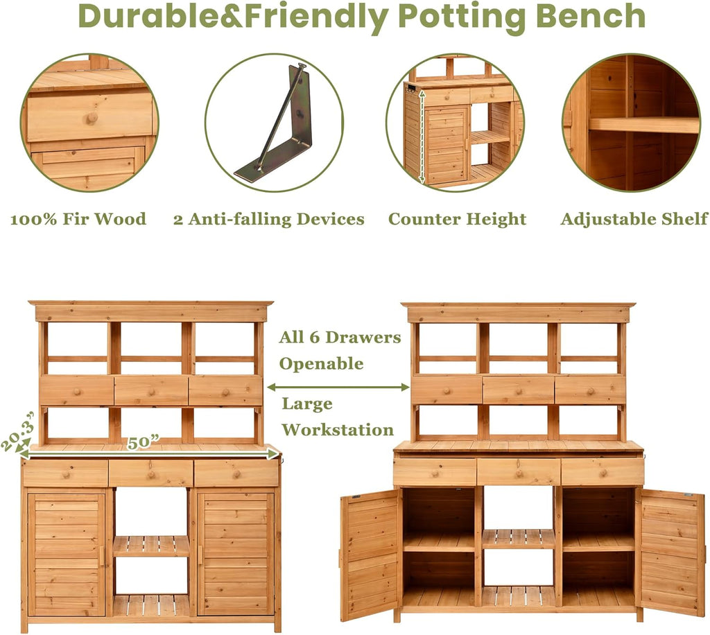 LUMISOL Garden Potting Bench Table with Hutch, Solid Fir Wood Patio Storage Workstation with 3 Shelves, 6 Drawers, 2 Bottom Cabinet and Side Hooks for Mudroom, Doorway, Natural
