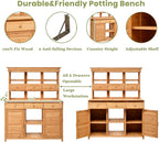 LUMISOL Garden Potting Bench Table with Hutch, Solid Fir Wood Patio Storage Workstation with 3 Shelves, 6 Drawers, 2 Bottom Cabinet and Side Hooks for Mudroom, Doorway, Natural