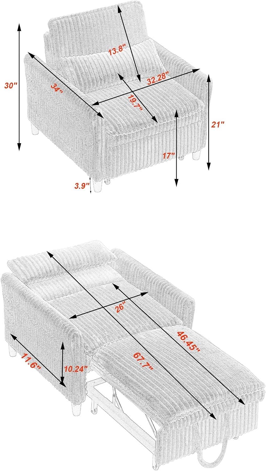 Foldable Sofa Bed Chair for Small Spaces, Comfortable Lounger with Pillow for Apartment, Bedroom, Balcony, Multi-Reclining Positions, Compact and Space Saving (Beige)