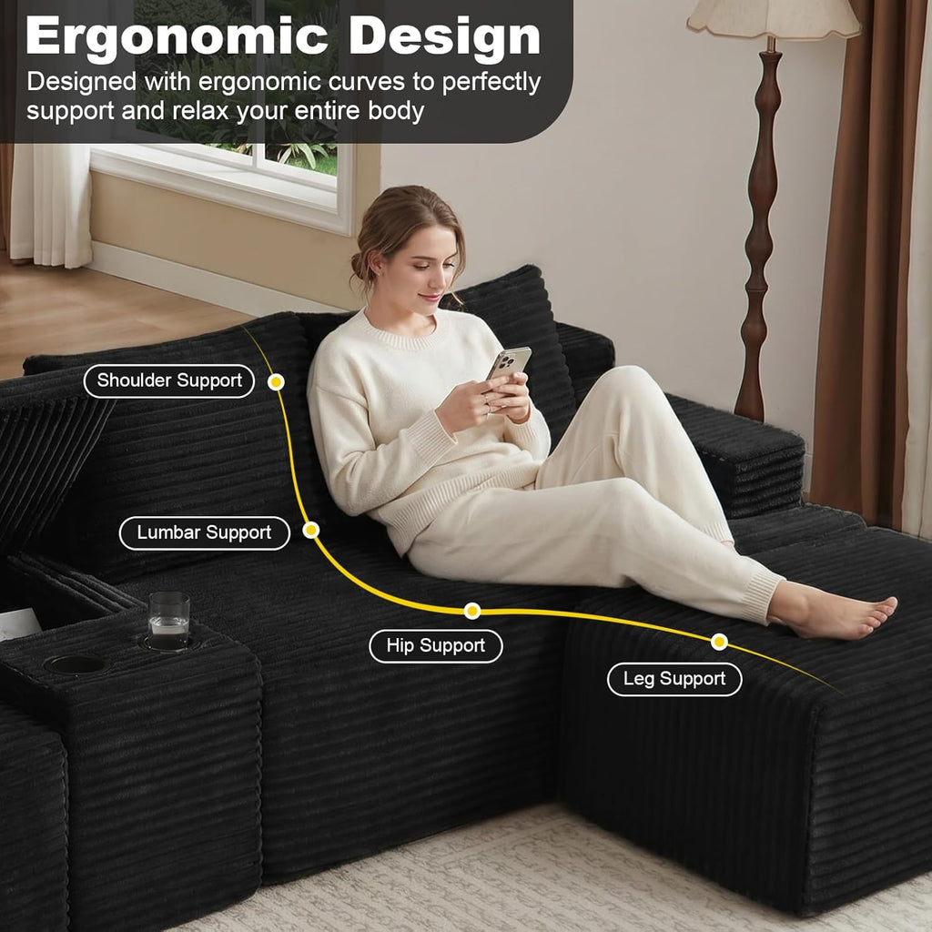 GNIXUU 140.6" Oversized U Shaped Black Boneless Sectional Couches for Living Room, Large Cloud Modular Sofa Set with Storage Console, Cup Holder, Side Pockets, Deep Seat No Assembly Corduroy Couch