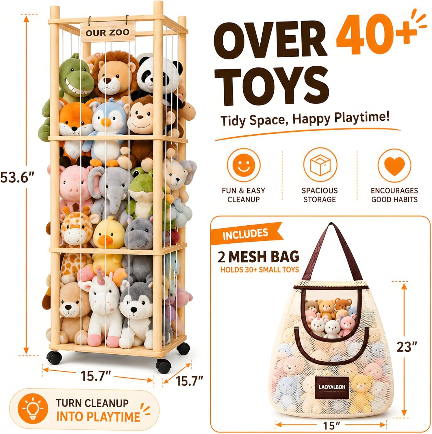 Stuffed Animal Storage & Organizer, Wooden Cute Zoo | 2 Removable Hanging Storage Net, Toy Holder, For Toddler Rooms, Playrooms & Bedrooms