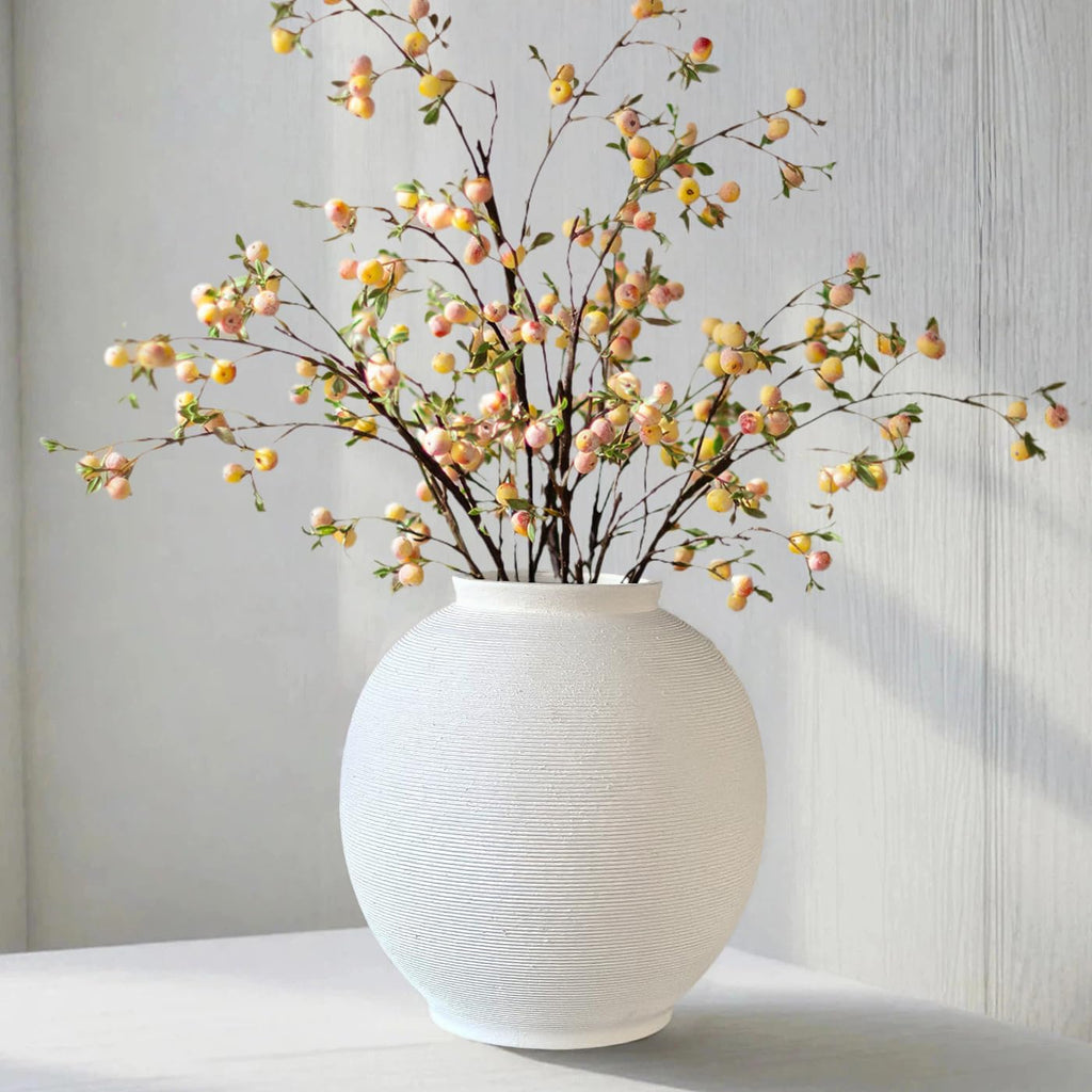 Large White Ceramic Vase, 10.8" Sandstone White | Round Rustic Table Vase, Farmhouse Style, Minimalist Hand-made, Textured, Home Decor