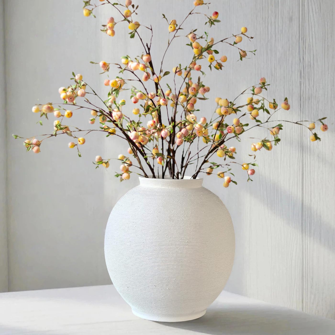 Large White Ceramic Vase, 10.8" Sandstone White | Round Rustic Table Vase, Farmhouse Style, Minimalist Hand-made, Textured, Home Decor
