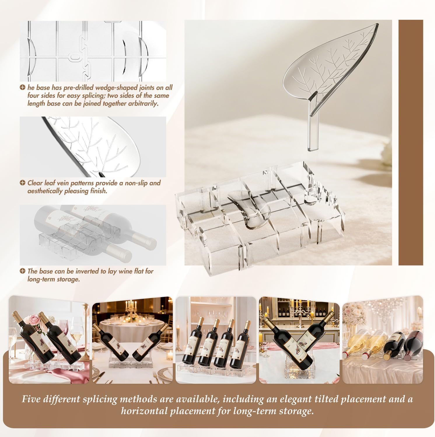 Clear Acrylic Wine Rack, Modular Stackable Countertop Wine Bottle Holder with Leaf Shaped Support, Multi Purpose Versatile Wine Display Stand for Home Bar Party Daily Organizing (4pcs)