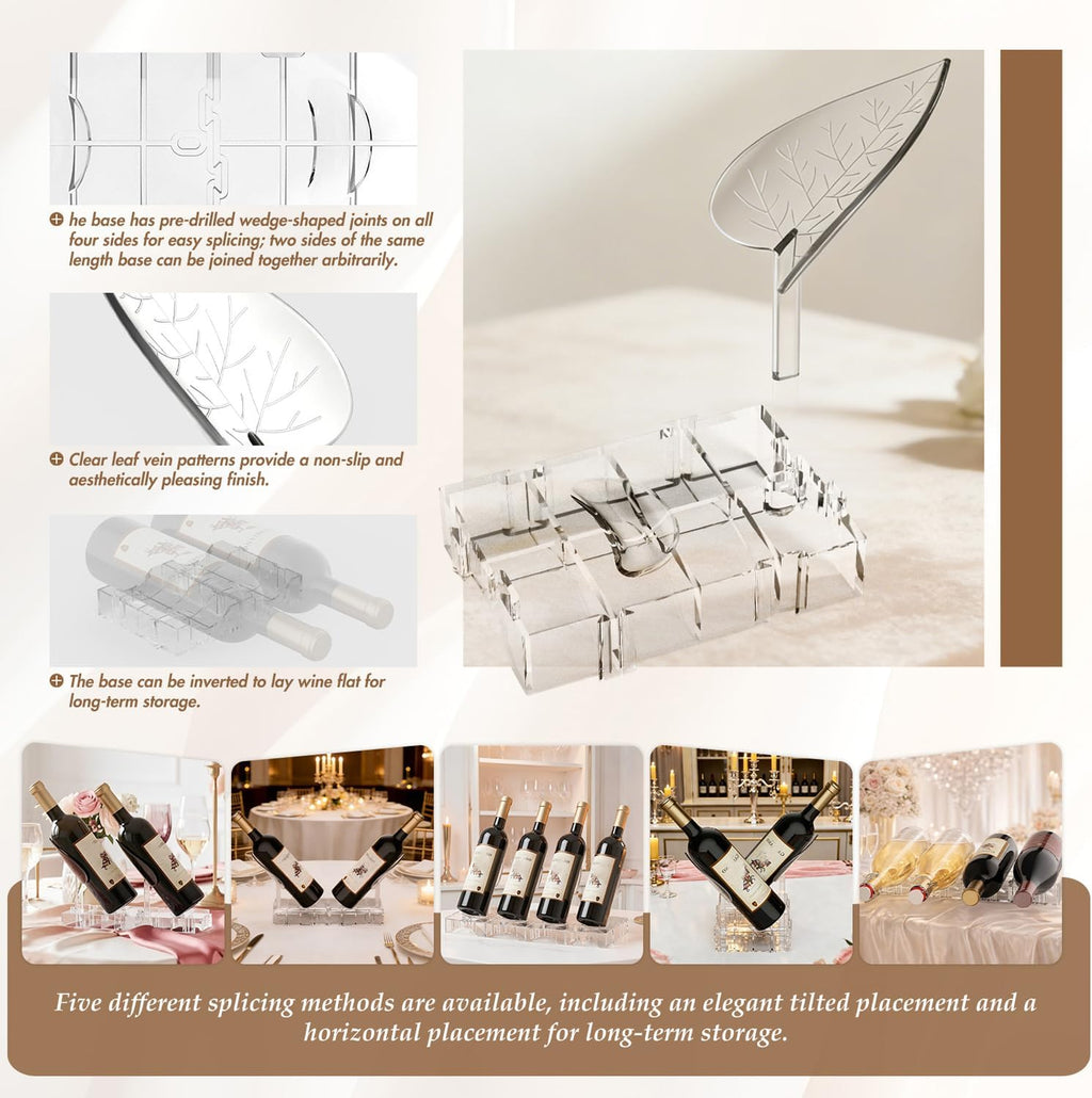 Clear Acrylic Wine Rack, Modular Stackable Countertop Wine Bottle Holder with Leaf Shaped Support, Multi Purpose Versatile Wine Display Stand for Home Bar Party Daily Organizing (4pcs)