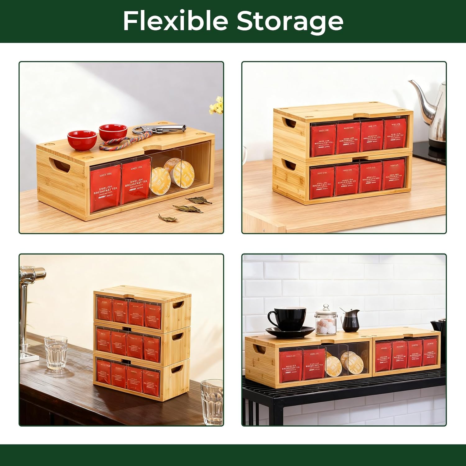 Stackable Bamboo Tea Box Organizer (Set of 2) - Large Capacity Tea Bag Storage Holder for Pantry & Cabinet - Multipurpose Tea Chest - Sustainable Kitchen Drawer & Office Breakroom Decor