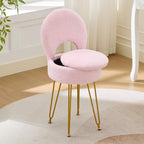 Faux Fur Pink Small Vanity Chair & Stool - 13" Dx13 W Folding Back Storage Ottoman, Anti-Slip Golden V-Leg for Bedroom Makeup Room
