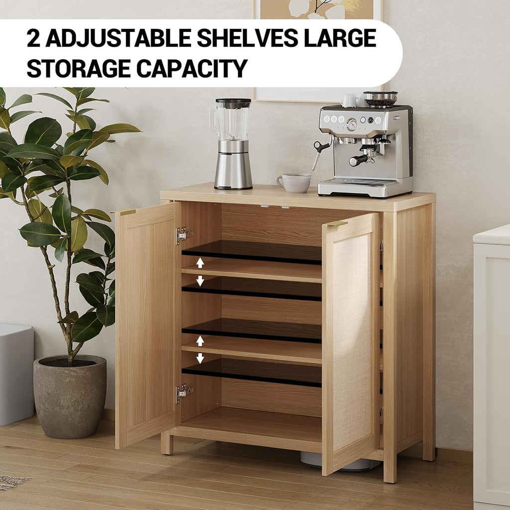 Freestanding Rattan Sideboard Buffet Cabinet – Wood Credenza with Adjustable Shelves, Modern Accent Coffee Bar for Kitchen, Living Room & Entryway